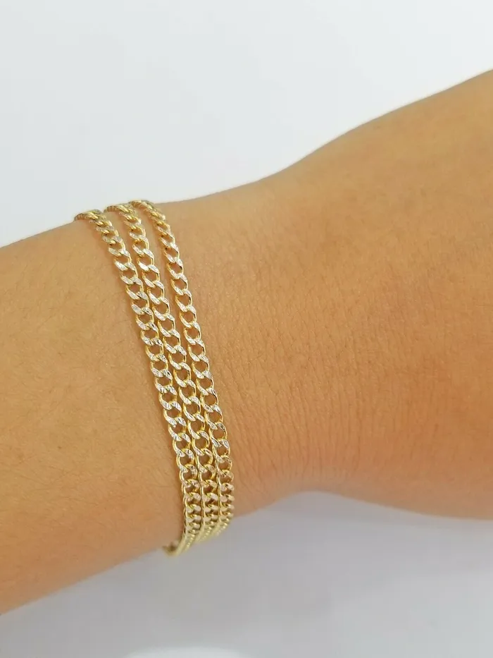 Globalwatches10 Bracelets 10KT Pure Yellow Gold 2mm Cuban Link Bracelet Diamond Cut Two tone 7 8 9 Real