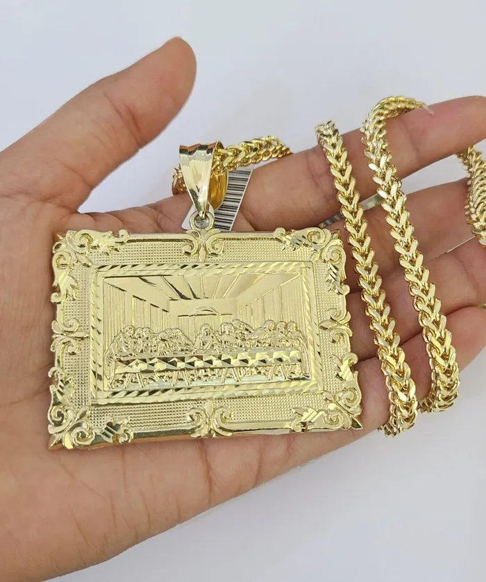 Gold and Diamond 10K Franco Chain Last Supper Pendant Charm Necklace 2026 5mm Yellow Gold SET Necklaces