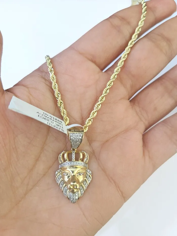 Gold and Diamond 10k Gold Lion Head Diamond Charm and 25mm 22 Inches Rope Chain Charm Necklaces