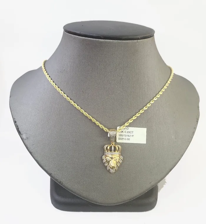 Gold and Diamond 10k Gold Lion Head Diamond Charm and 25mm 22 Inches Rope Chain Charm Necklaces