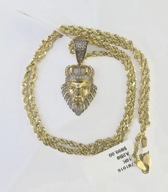 Gold and Diamond 10k Gold Lion Head Diamond Charm and 25mm 22 Inches Rope Chain Charm Necklaces