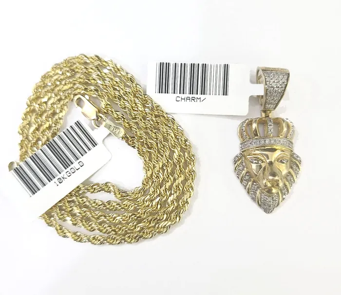 Gold and Diamond 10k Gold Lion Head Diamond Charm and 25mm 22 Inches Rope Chain Charm Necklaces