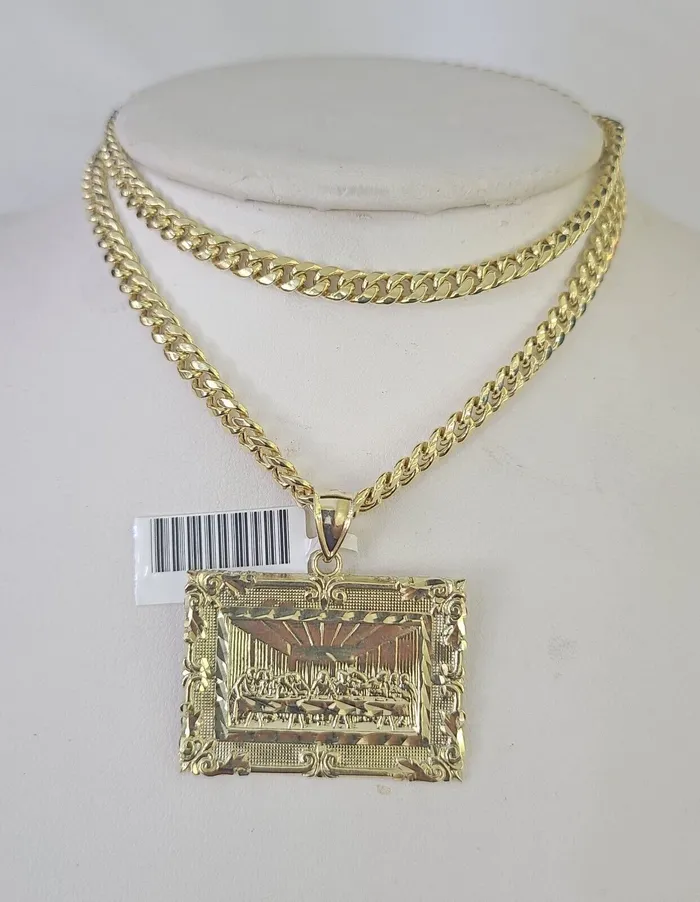 Gold and Diamond 10k Last Supper Charm Miami Cuban Chain Pendant Set 5mm Necklace Yellow Gold Necklaces Gold and Diamond 10k Last Supper Charm Miami Cuban Chain Pendant Set 5mm Necklace Yellow Gold Necklaces