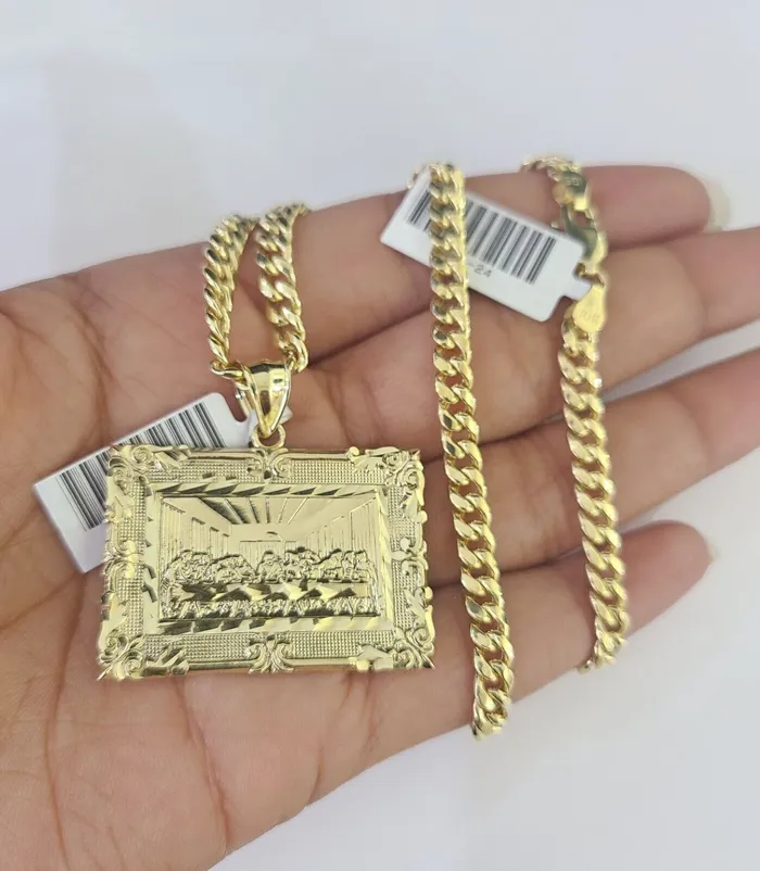Gold and Diamond 10k Last Supper Charm Miami Cuban Chain Pendant Set 5mm Necklace Yellow Gold Necklaces