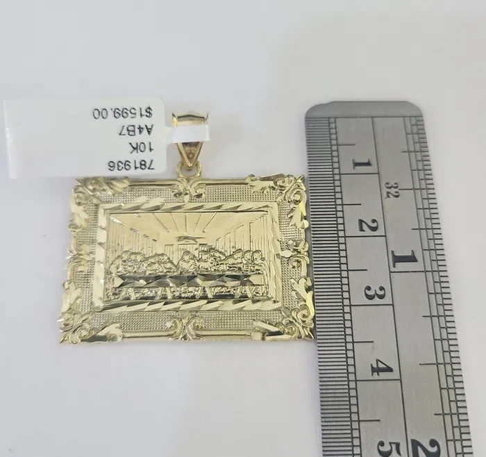 Gold and Diamond 10k Last Supper Charm Miami Cuban Chain Pendant Set 5mm Necklace Yellow Gold Necklaces
