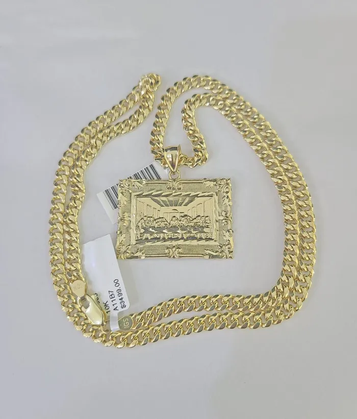 Gold and Diamond 10k Last Supper Charm Miami Cuban Chain Pendant Set 5mm Necklace Yellow Gold Necklaces