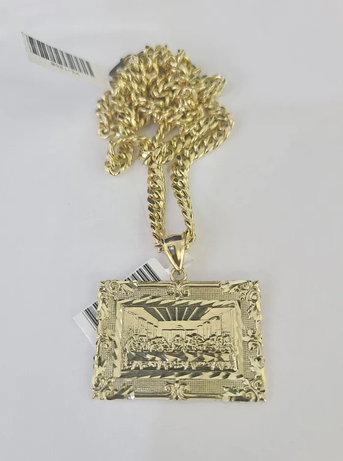 Gold and Diamond 10k Last Supper Charm Miami Cuban Chain Pendant Set 5mm Necklace Yellow Gold Necklaces