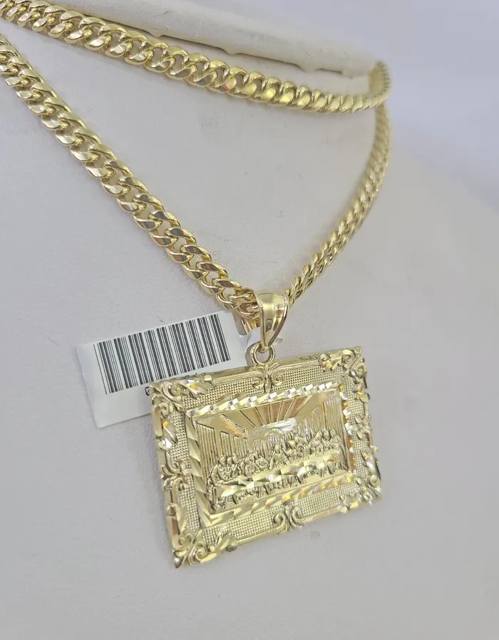 Gold and Diamond 10k Last Supper Charm Miami Cuban Chain Pendant Set 5mm Necklace Yellow Gold Necklaces