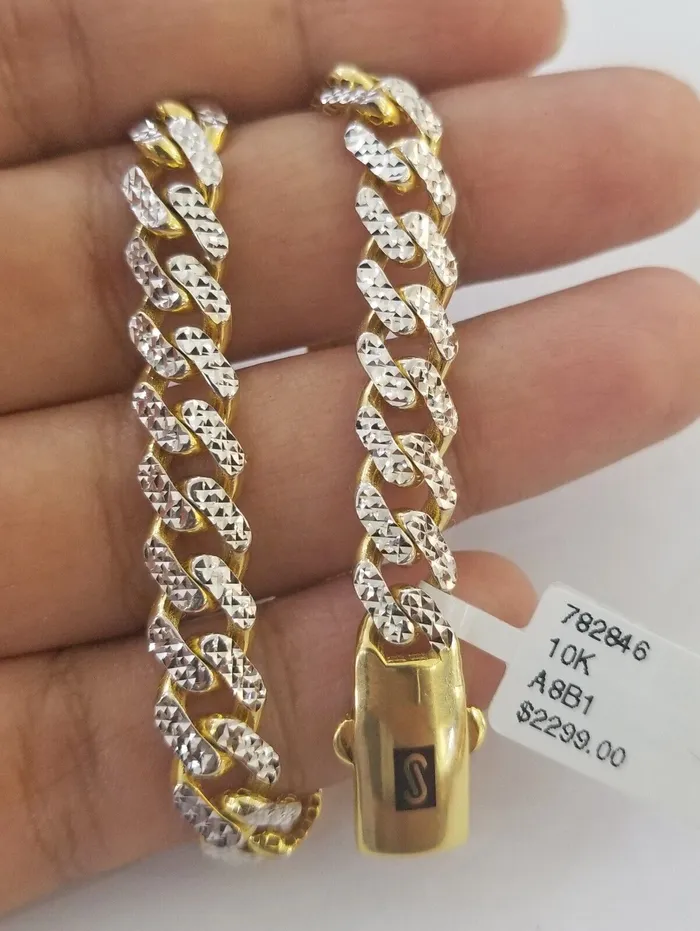 Gold and Diamond Bracelets 10K Yellow Gold Royal Monaco Cuban Bracelet Diamond Cut 75 inch 8mm Real 10kt Gold and Diamond Bracelets 10K Yellow Gold Royal Monaco Cuban Bracelet Diamond Cut 75 inch 8mm Real 10kt
