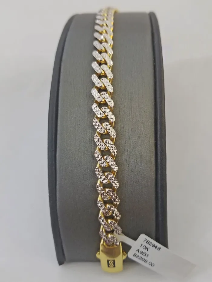 Gold and Diamond Bracelets 10K Yellow Gold Royal Monaco Cuban Bracelet Diamond Cut 75 inch 8mm Real 10kt
