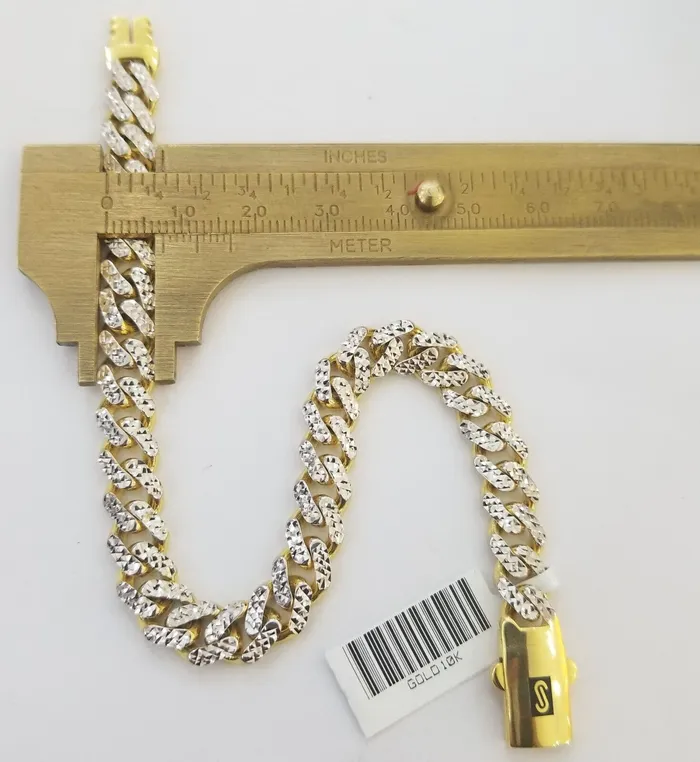 Gold and Diamond Bracelets 10K Yellow Gold Royal Monaco Cuban Bracelet Diamond Cut 75 inch 8mm Real 10kt