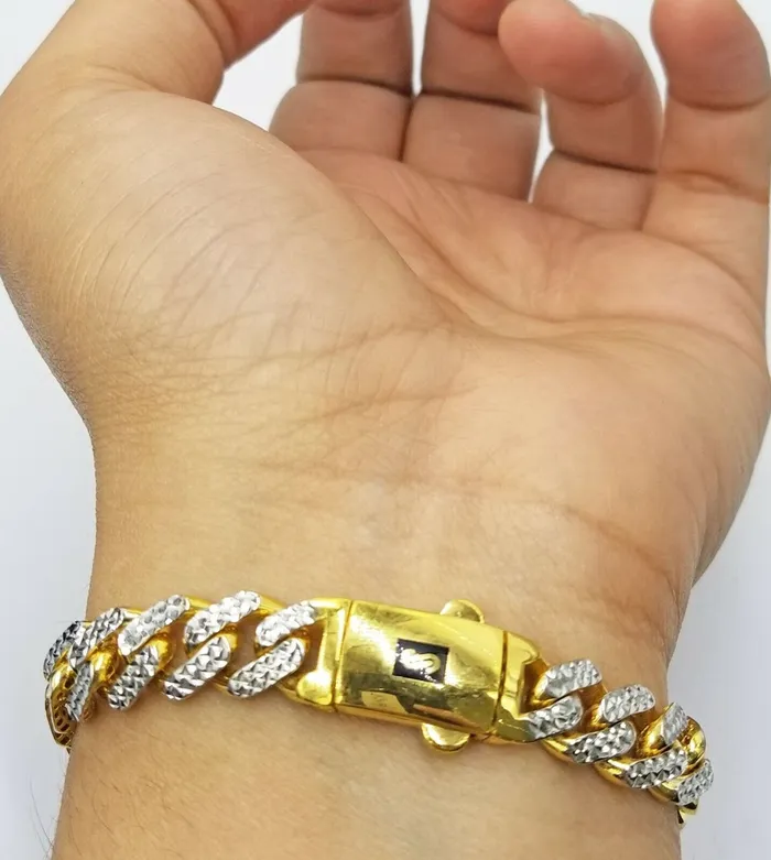 Gold and Diamond Bracelets 10K Yellow Gold Royal Monaco Cuban Bracelet Diamond Cut 75 inch 8mm Real 10kt