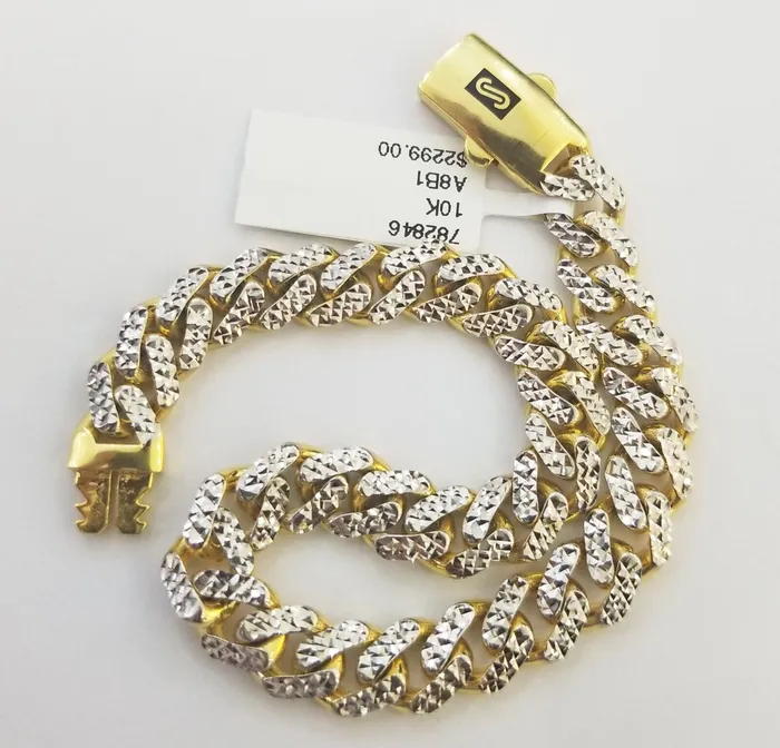 Gold and Diamond Bracelets 10K Yellow Gold Royal Monaco Cuban Bracelet Diamond Cut 75 inch 8mm Real 10kt