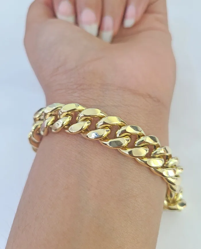 Gold and Diamond Bracelets 14K Miami Cuban Bracelet Yellow Gold Box Clasp 8 Inch 11mm Link