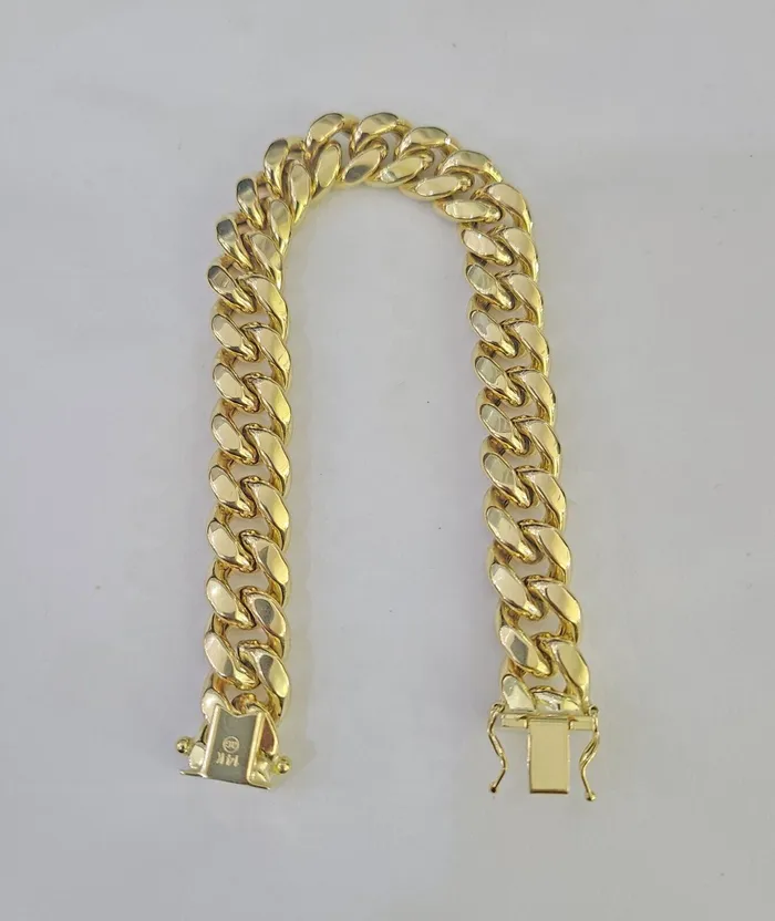 Gold and Diamond Bracelets 14K Miami Cuban Bracelet Yellow Gold Box Clasp 8 Inch 11mm Link