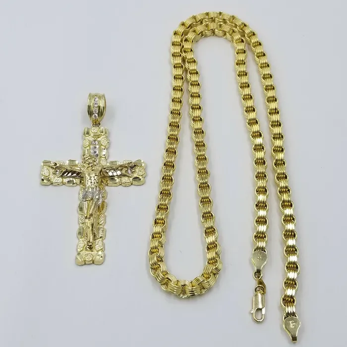 Gold and Diamond Necklaces 10k Gold Byzantine 24 Necklace Jesus Nugget Cross Pendant 3 Charm 5mm Chain