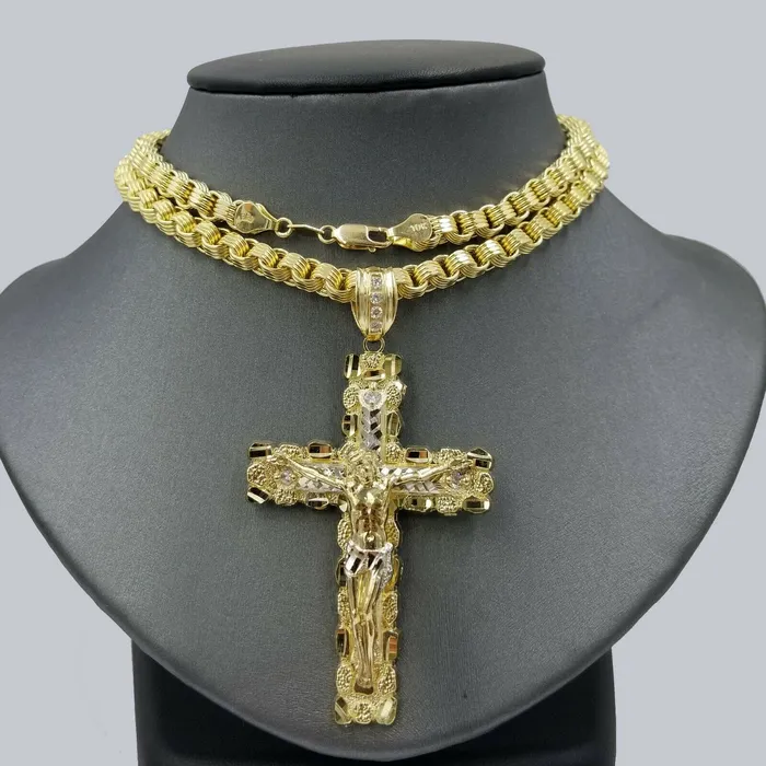 Gold and Diamond Necklaces 10k Gold Byzantine 24 Necklace Jesus Nugget Cross Pendant 3 Charm 5mm Chain