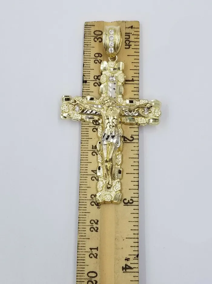 Gold and Diamond Necklaces 10k Gold Byzantine 24 Necklace Jesus Nugget Cross Pendant 3 Charm 5mm Chain