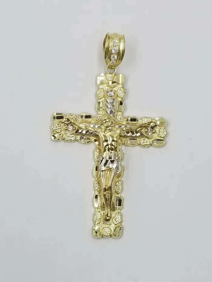 Gold and Diamond Necklaces 10k Gold Byzantine 24 Necklace Jesus Nugget Cross Pendant 3 Charm 5mm Chain