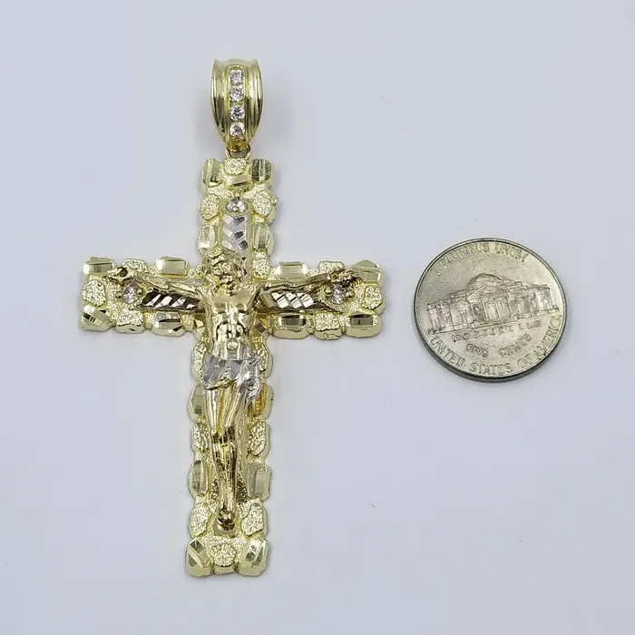 Gold and Diamond Necklaces 10k Gold Byzantine 24 Necklace Jesus Nugget Cross Pendant 3 Charm 5mm Chain