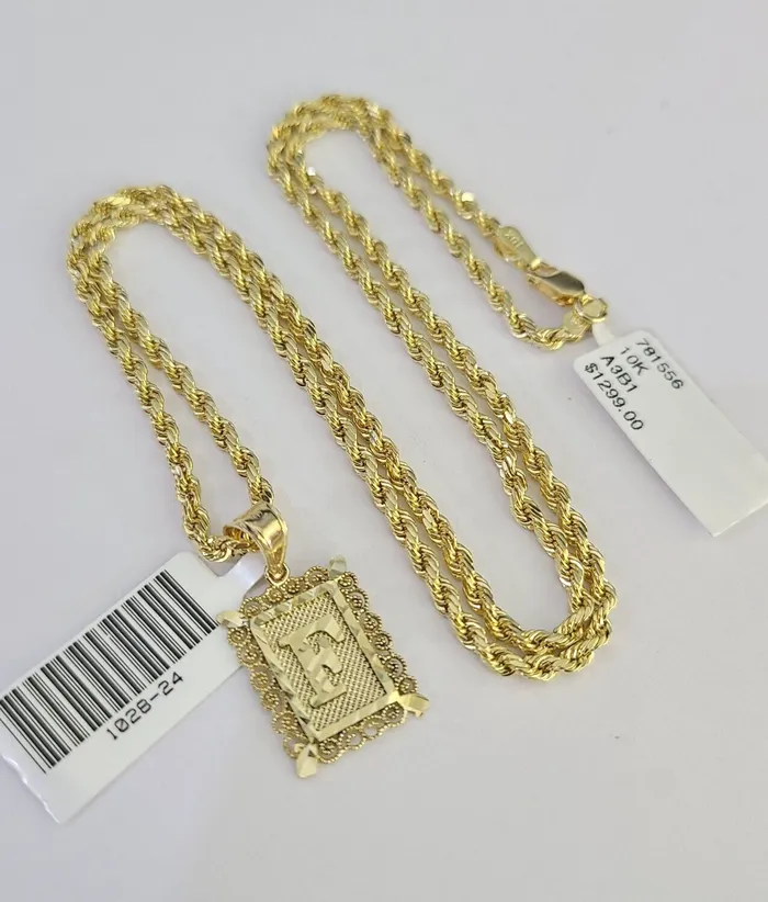 Gold and Diamond Necklaces 10k Gold Initial F Charm Rope Chain 1626 25mm SET Necklace Alphabet Pendant Gold and Diamond Necklaces 10k Gold Initial F Charm Rope Chain 1626 25mm SET Necklace Alphabet Pendant