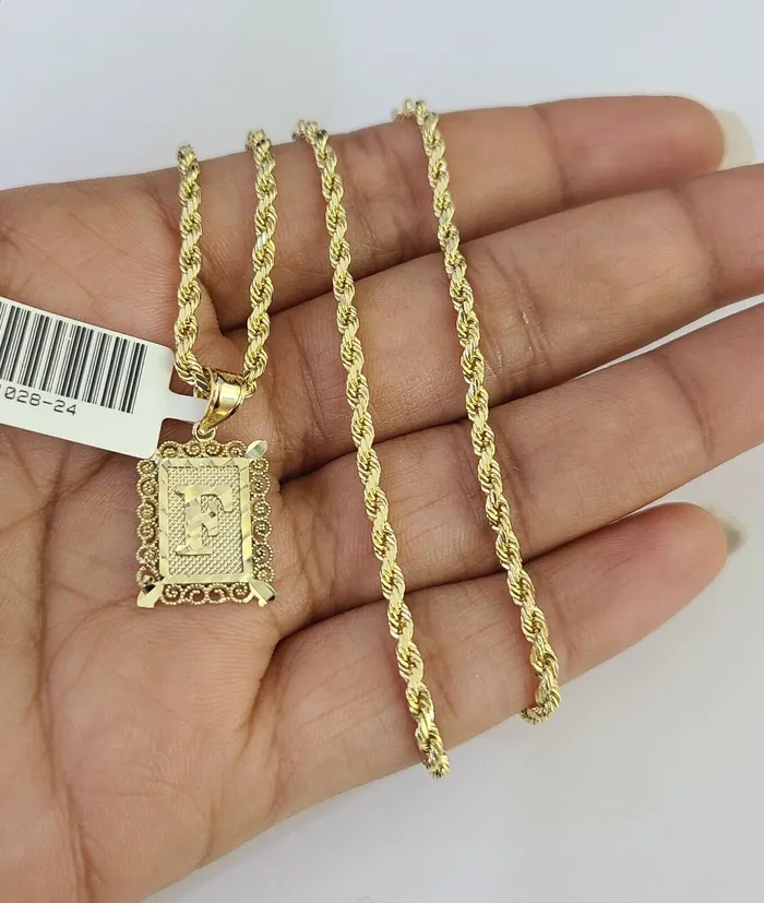 Gold and Diamond Necklaces 10k Gold Initial F Charm Rope Chain 1626 25mm SET Necklace Alphabet Pendant