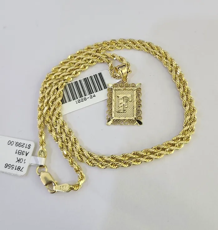 Gold and Diamond Necklaces 10k Gold Initial F Charm Rope Chain 1626 25mm SET Necklace Alphabet Pendant