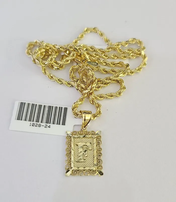 Gold and Diamond Necklaces 10k Gold Initial F Charm Rope Chain 1626 25mm SET Necklace Alphabet Pendant