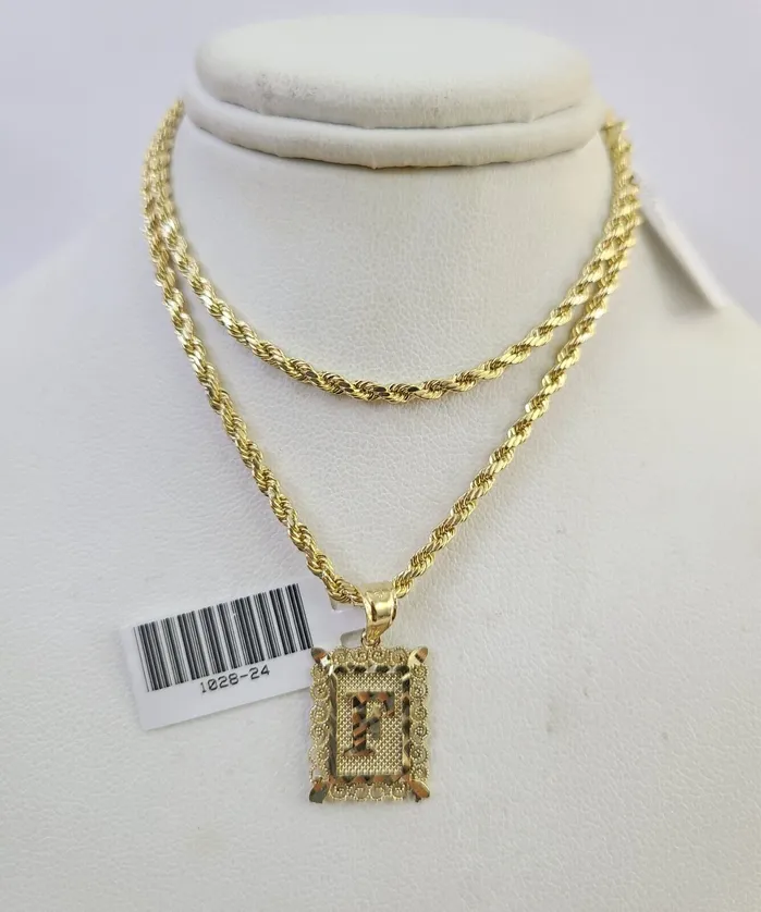 Gold and Diamond Necklaces 10k Gold Initial F Charm Rope Chain 1626 25mm SET Necklace Alphabet Pendant