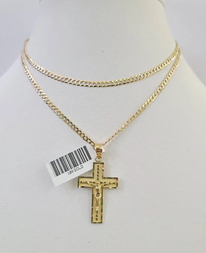Gold and Diamond Necklaces 10k Solid Gold Cuban Curb Chain Jesus Cross Pendant 2mm 1824 SET Necklace Gold and Diamond Necklaces 10k Solid Gold Cuban Curb Chain Jesus Cross Pendant 2mm 1824 SET Necklace
