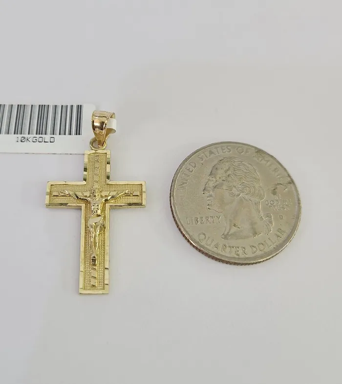 Gold and Diamond Necklaces 10k Solid Gold Cuban Curb Chain Jesus Cross Pendant 2mm 1824 SET Necklace