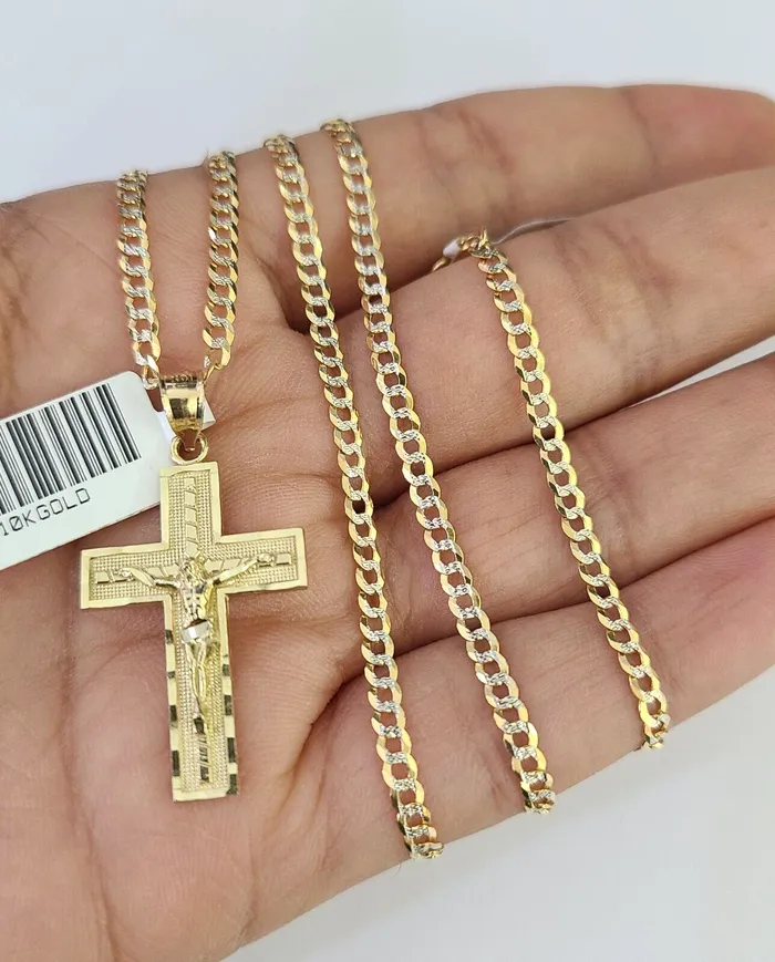 Gold and Diamond Necklaces 10k Solid Gold Cuban Curb Chain Jesus Cross Pendant 2mm 1824 SET Necklace