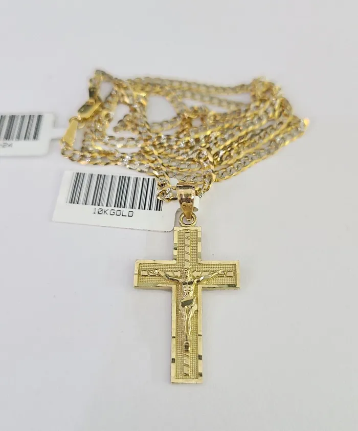 Gold and Diamond Necklaces 10k Solid Gold Cuban Curb Chain Jesus Cross Pendant 2mm 1824 SET Necklace