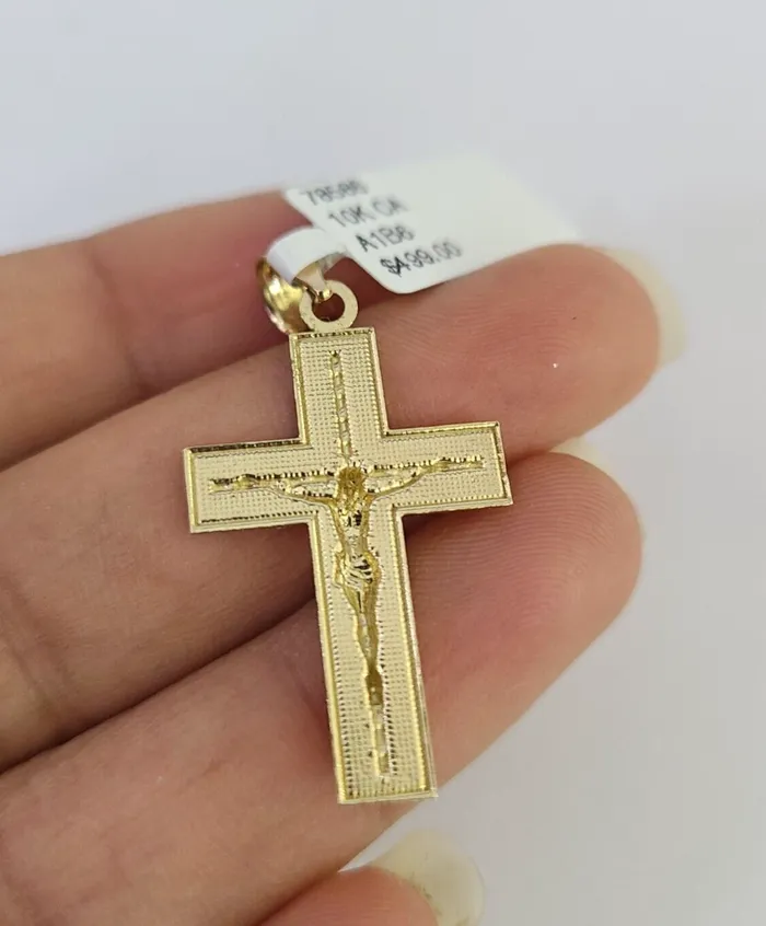 Gold and Diamond Necklaces 10k Solid Gold Cuban Curb Chain Jesus Cross Pendant 2mm 1824 SET Necklace