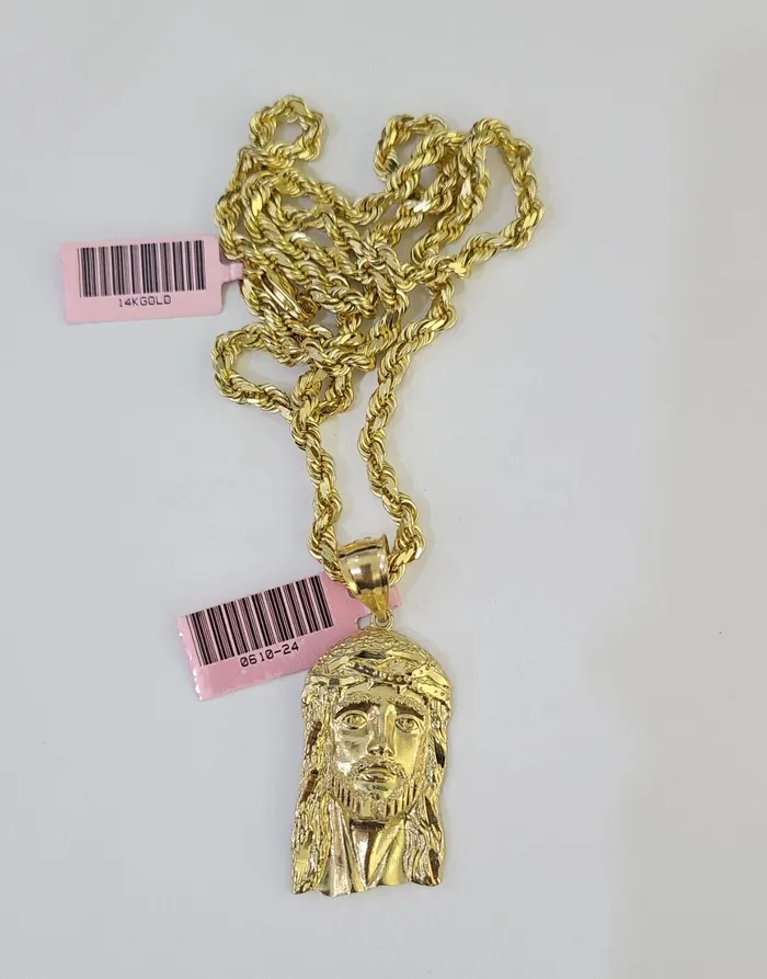 Gold and Diamond Necklaces 14k Solid Rope Chain Jesus Head Charm Set 4mm 1828 Inch Necklace Yellow Gold Gold and Diamond Necklaces 14k Solid Rope Chain Jesus Head Charm Set 4mm 1828 Inch Necklace Yellow Gold