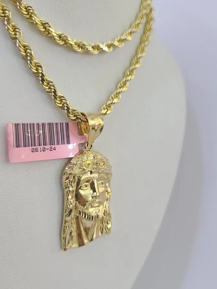 Gold and Diamond Necklaces 14k Solid Rope Chain Jesus Head Charm Set 4mm 1828 Inch Necklace Yellow Gold