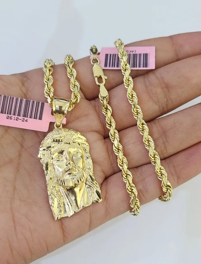 Gold and Diamond Necklaces 14k Solid Rope Chain Jesus Head Charm Set 4mm 1828 Inch Necklace Yellow Gold