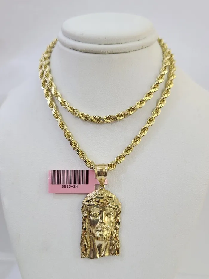 Gold and Diamond Necklaces 14k Solid Rope Chain Jesus Head Charm Set 4mm 1828 Inch Necklace Yellow Gold