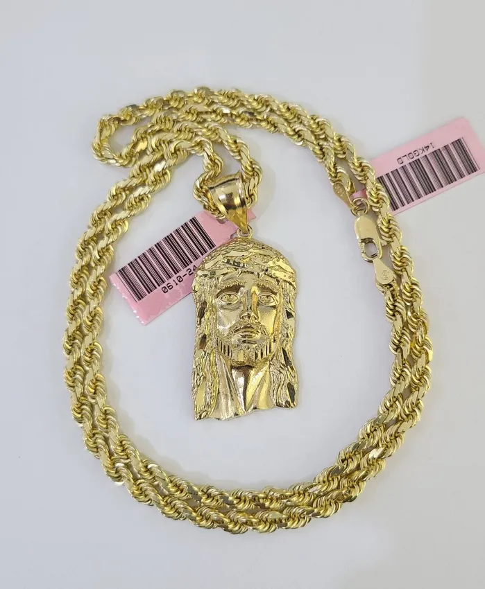 Gold and Diamond Necklaces 14k Solid Rope Chain Jesus Head Charm Set 4mm 1828 Inch Necklace Yellow Gold