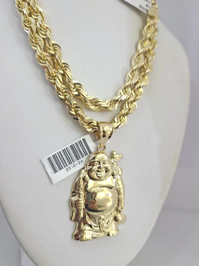 Gold and Diamond Necklaces Real 10k Solid Rope Chain Laughing Buddha Charm Set 6mm 2030 Necklace Gold Gold and Diamond Necklaces Real 10k Solid Rope Chain Laughing Buddha Charm Set 6mm 2030 Necklace Gold