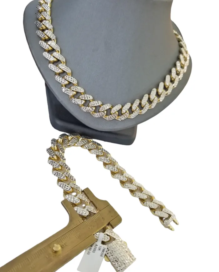 Gold and Diamond Real 10k Gold 12mm Royal Monaco Chain 25 Inch 9Inch Bracelet Set Diamond Cut Bracelets