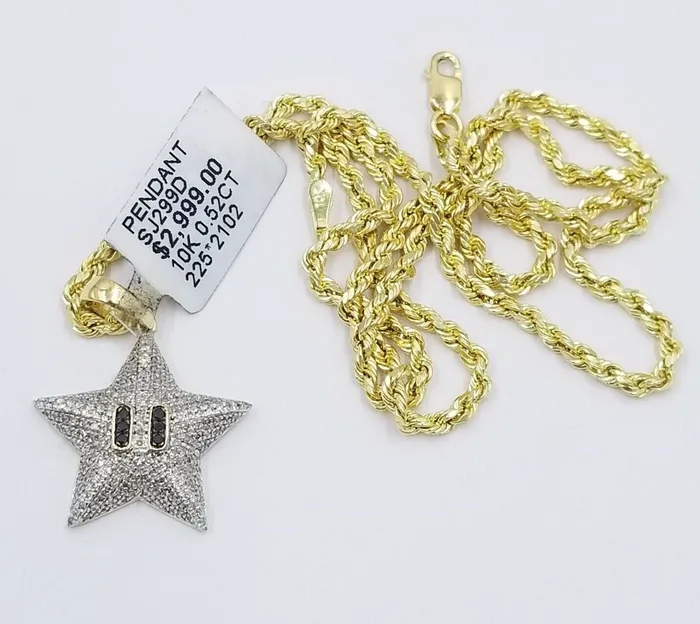 Gold and Diamond Real 10K Yellow Gold Star Emoji Diamond Charm Rope Chain 18 20 22 24 26 Inch 3mm Charm Necklaces
