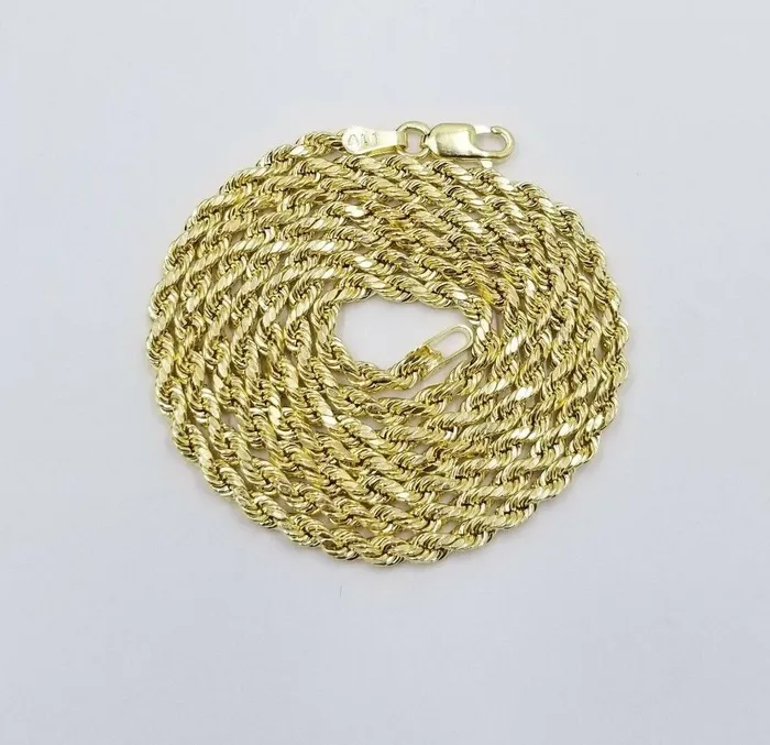 Gold and Diamond Real 10K Yellow Gold Star Emoji Diamond Charm Rope Chain 18 20 22 24 26 Inch 3mm Charm Necklaces