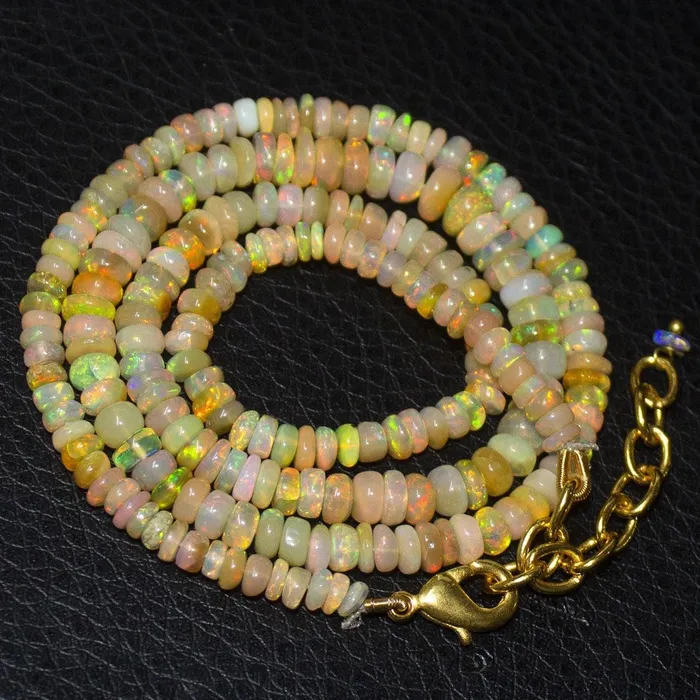 Natural Ethiopian Welo Opal Gold Plated Smooth Rondelle Necklace 35mm 5mm 19 Beads Supplies USA Necklaces