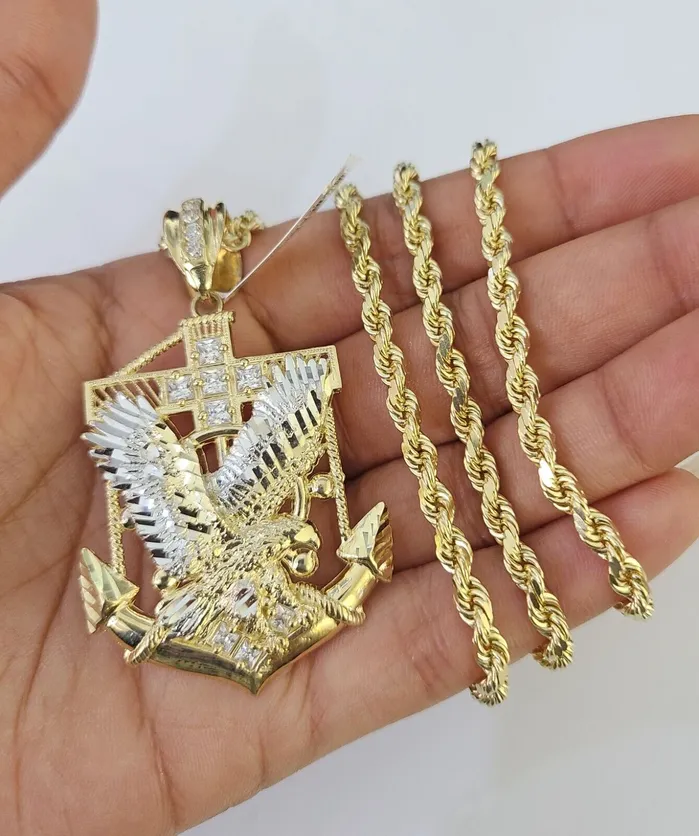 Necklaces 10k Solid Rope Chain Eagle Anchor Charm Set 4mm 2028 Necklace Gold Yellow Gold and Diamond Necklaces 10k Solid Rope Chain Eagle Anchor Charm Set 4mm 2028 Necklace Gold Yellow Gold and Diamond