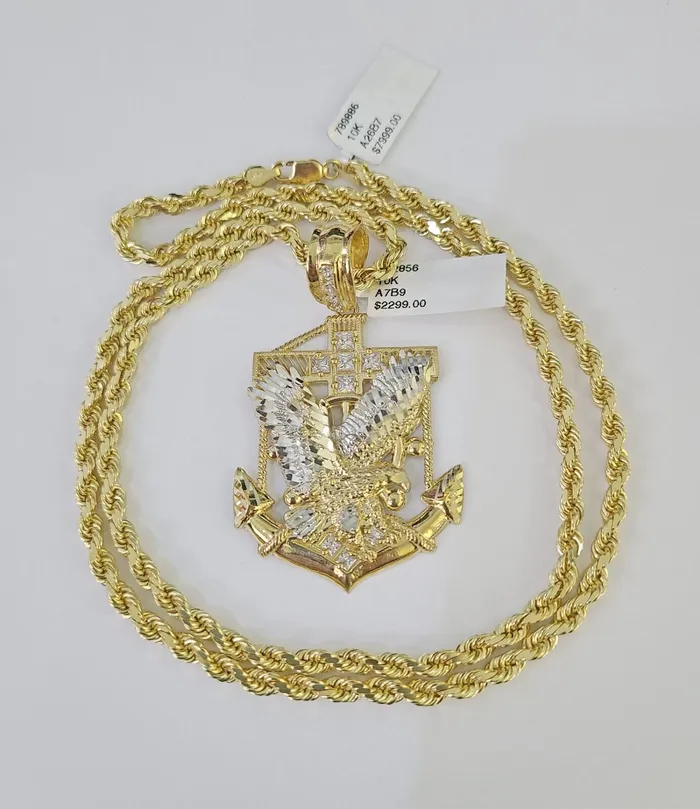 Necklaces 10k Solid Rope Chain Eagle Anchor Charm Set 4mm 2028 Necklace Gold Yellow Gold and Diamond