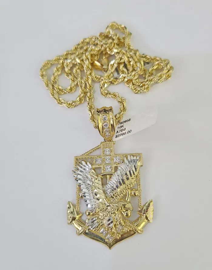 Necklaces 10k Solid Rope Chain Eagle Anchor Charm Set 4mm 2028 Necklace Gold Yellow Gold and Diamond