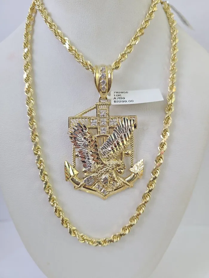 Necklaces 10k Solid Rope Chain Eagle Anchor Charm Set 4mm 2028 Necklace Gold Yellow Gold and Diamond