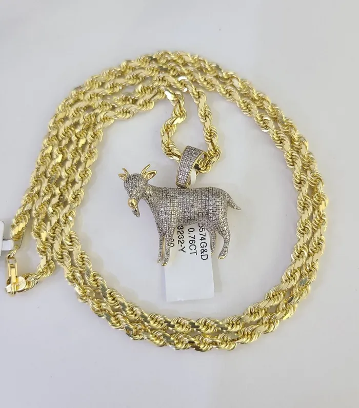 Necklaces 10k Solid Rope Chain Goat Charm Diamond Set 4mm 2028 Necklace Gold Yellow Gold and Diamond Necklaces 10k Solid Rope Chain Goat Charm Diamond Set 4mm 2028 Necklace Gold Yellow Gold and Diamond