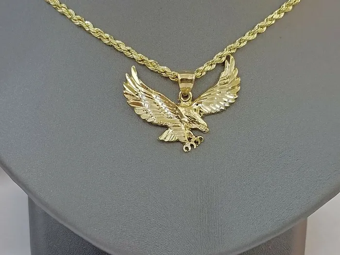 Necklaces Gold and Diamond 10k Gold Men Eagle Charm Pendant 25mm Rope Chain in 18 20 22 24 26 28 Inch Real